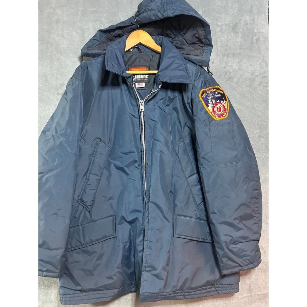 Vintage NYC Fire Department Hooded Winter Jacket 1980's 3/4 Length Size XL